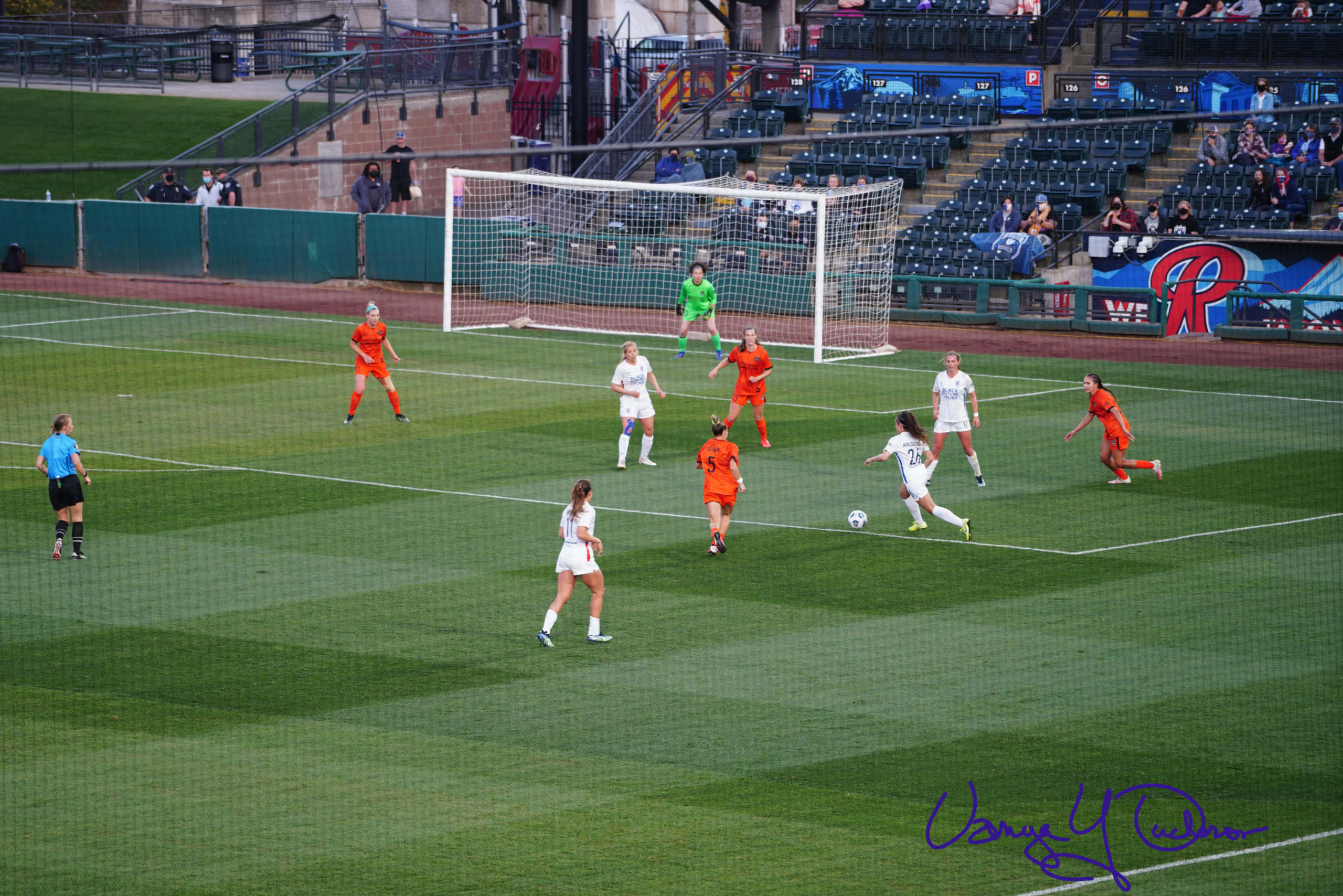 Angelina takes a shot from the edge of the box